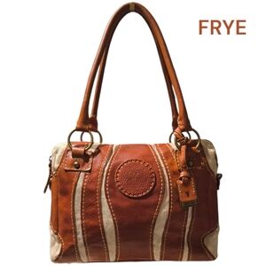 Rare FRYE Cognac Brown Leather and Canvas Satchel with Dust bag